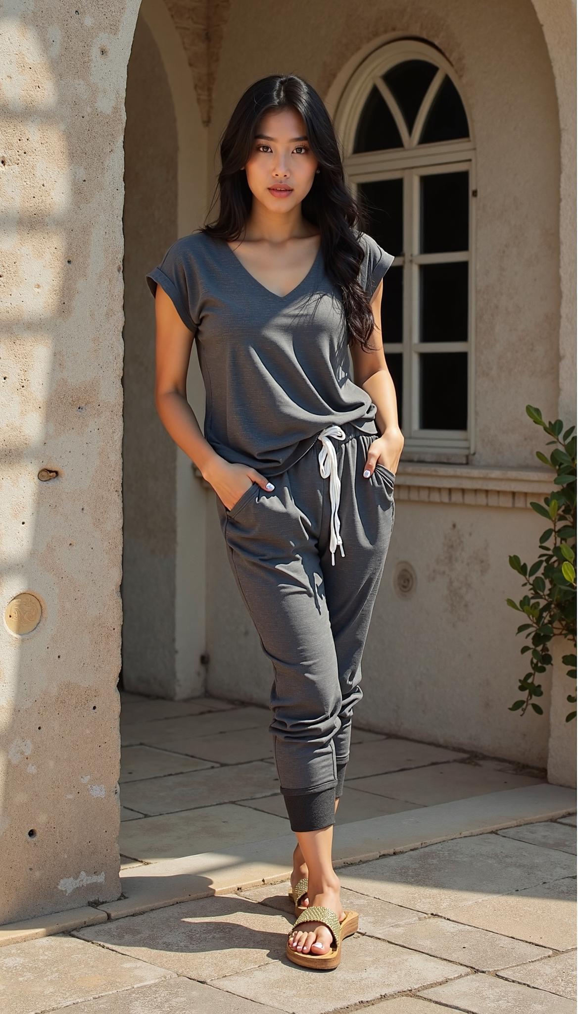 V-Neck Short Sleeve Jogger Set