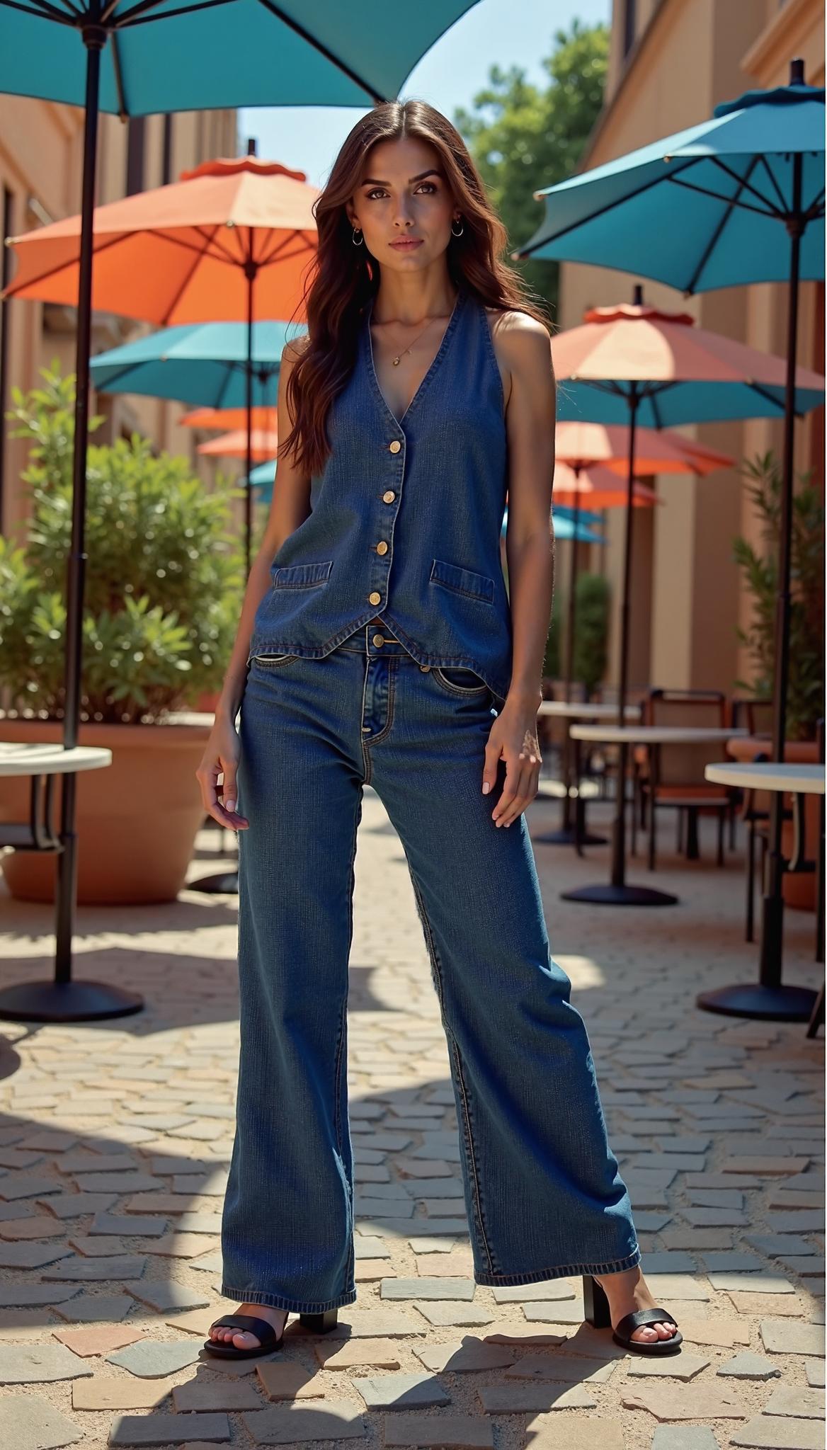 Button-Down Wide-Leg Denim Set