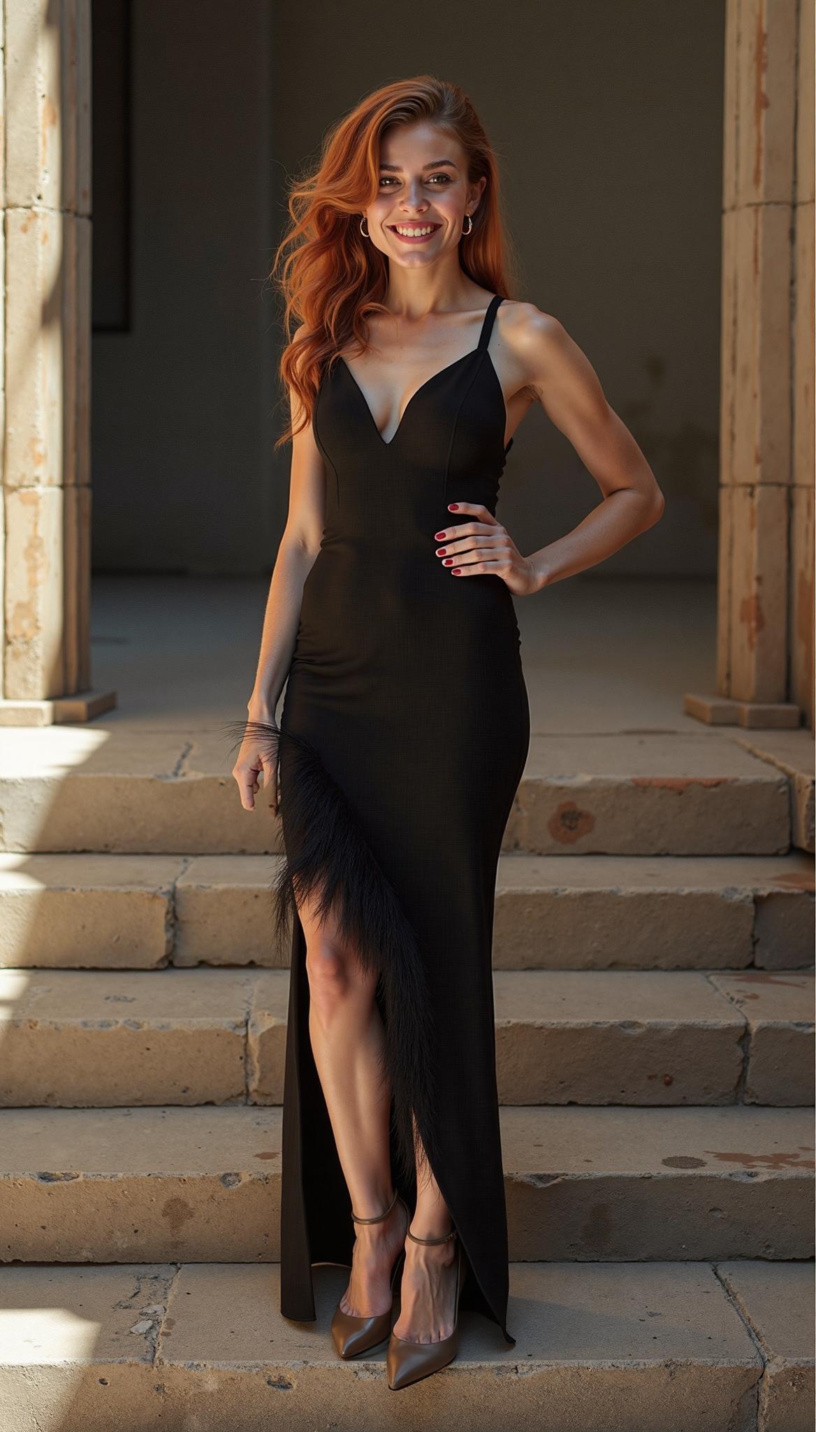 Feather Trim Satin Column Gown